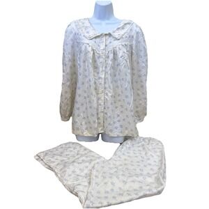 VTG CHARACTER‎ White Blue Floral Satin Silky Cuddleskin Pajama Set Sz L *read